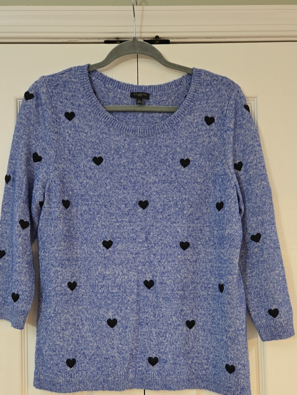 Talbots Light Blue Crewneck Sweater with Black Heart Motif